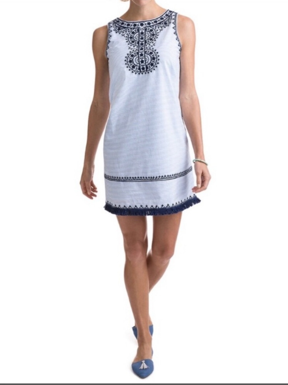 Vineyard Vines Breezy Stripes Embroidered Shift Dress with Fringe Hem Size 8
